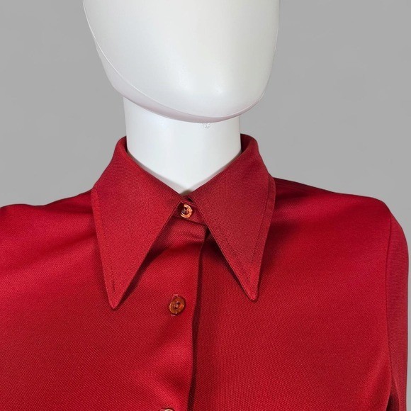 Vintage 70s Devon Red Dacron Polyester Dagger Collar Button Up Blouse Womens M