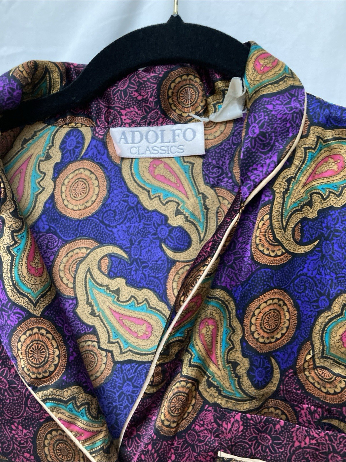 VTG Adolfo Classics Women’s Purple Paisley Metallic Pocketed Night Shirt – SZ L