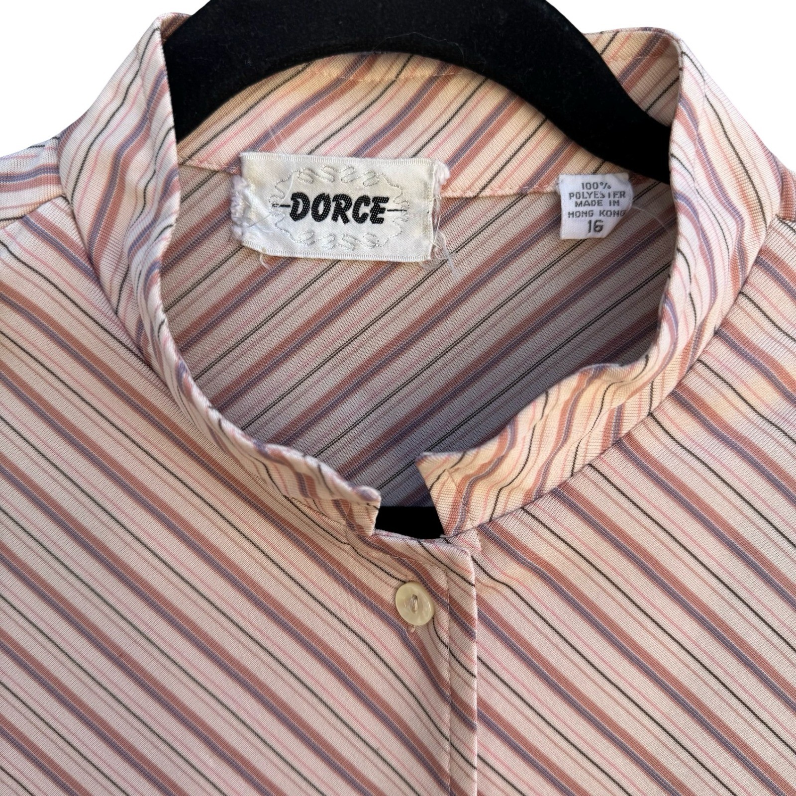 Dorce Vintage 70s Pink Striped Mandarin Collar Blouse 16 Mod Retro Secretary