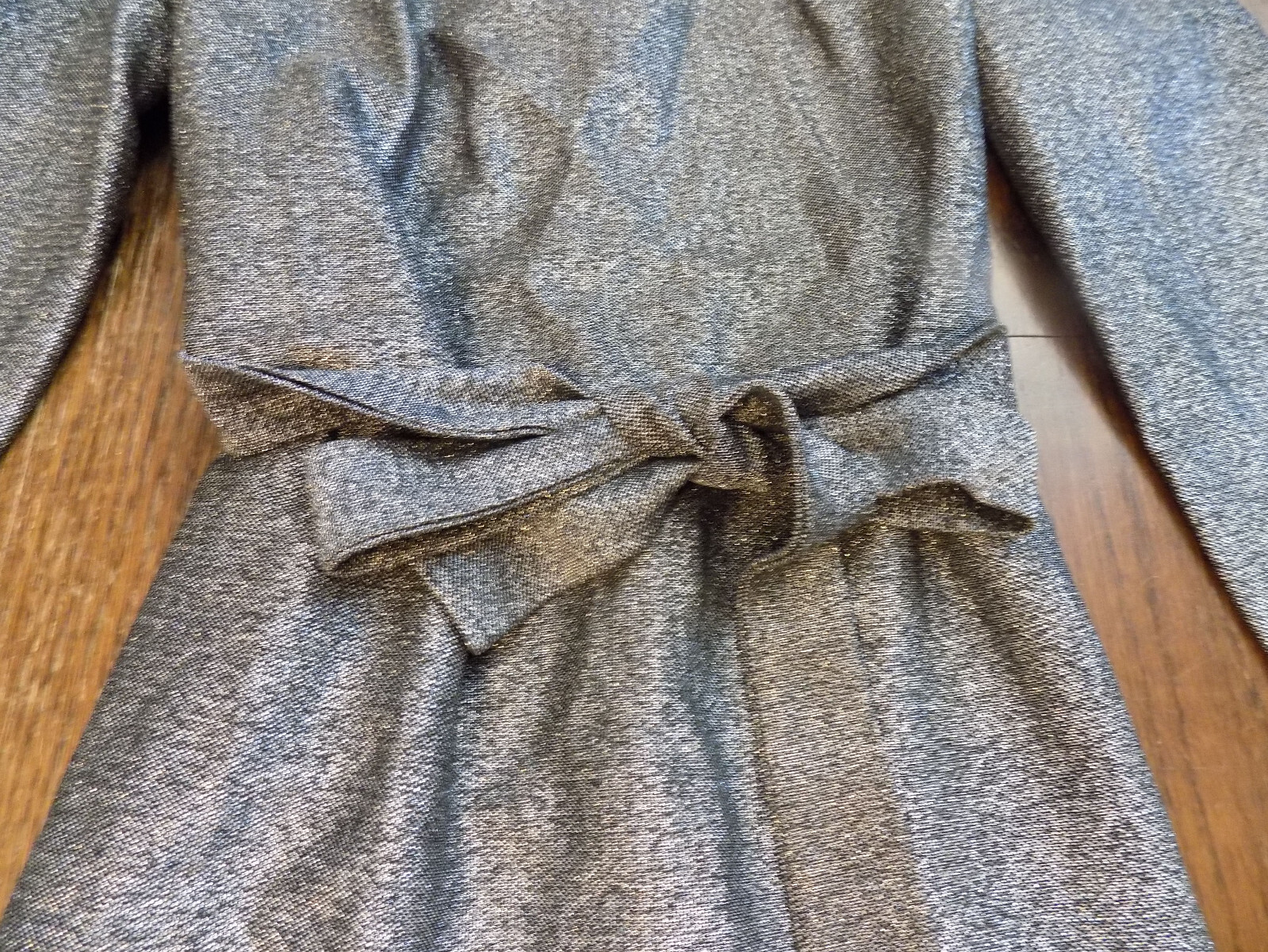 Vtg FAB Shimmer Silver Lame Dress J Harlan Mod Mini Tie Belt Gold Lace Trim Sz S
