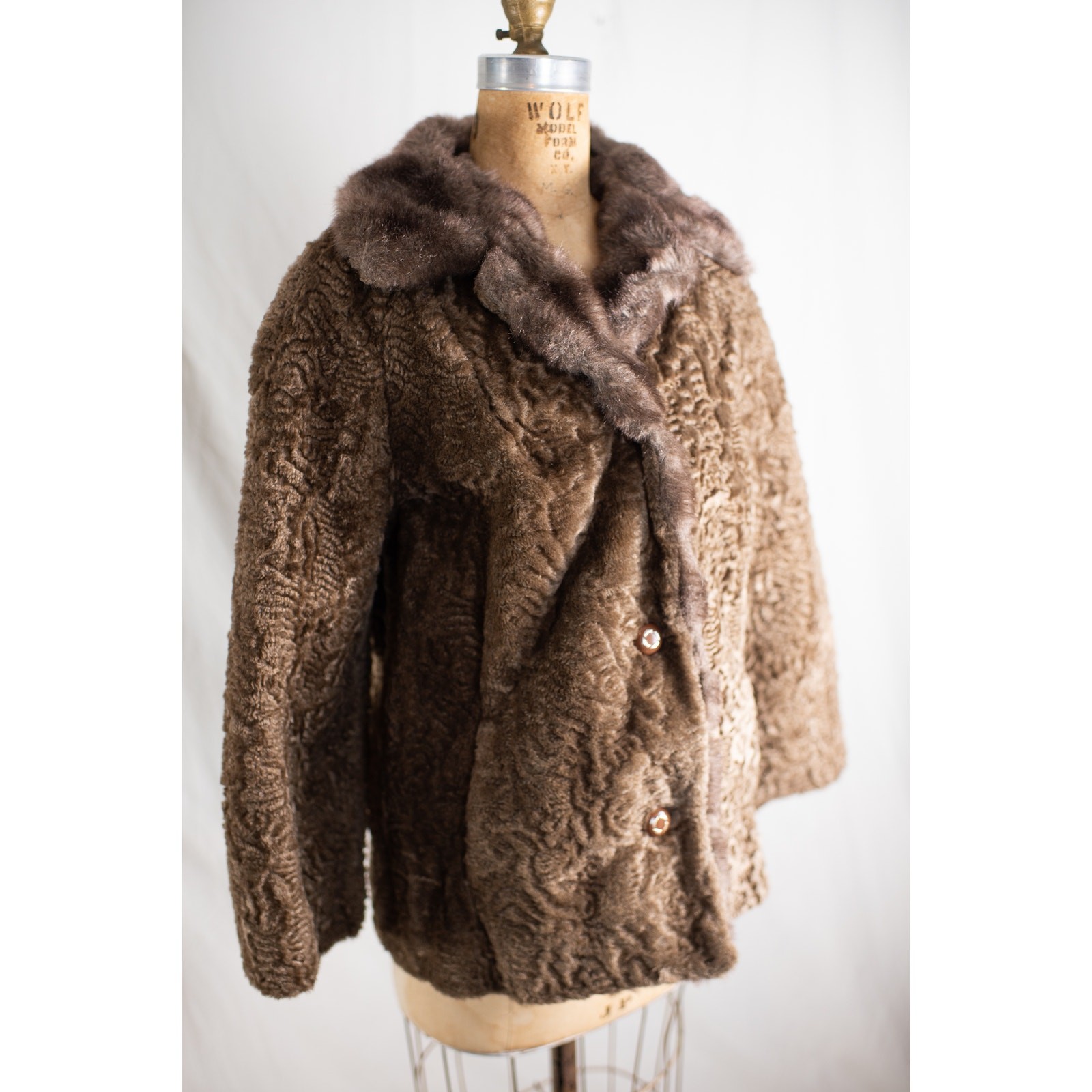 Vintage 1960s Brown Faux Curly Lamb Fur Swing Coat, Glam Old Money Jacket, S M