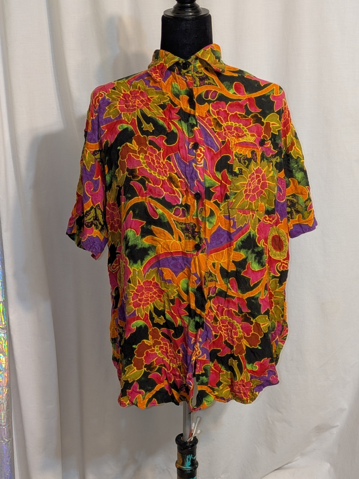 VTG 80s/90s Diana Marco Rayon Colorful Floral Artsy Button Down Blouse Sz 18