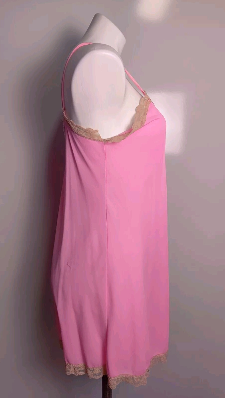 Vintage Avian Hot Pink Nylon Nightgown Lace Trim Modified **Flawed Medium
