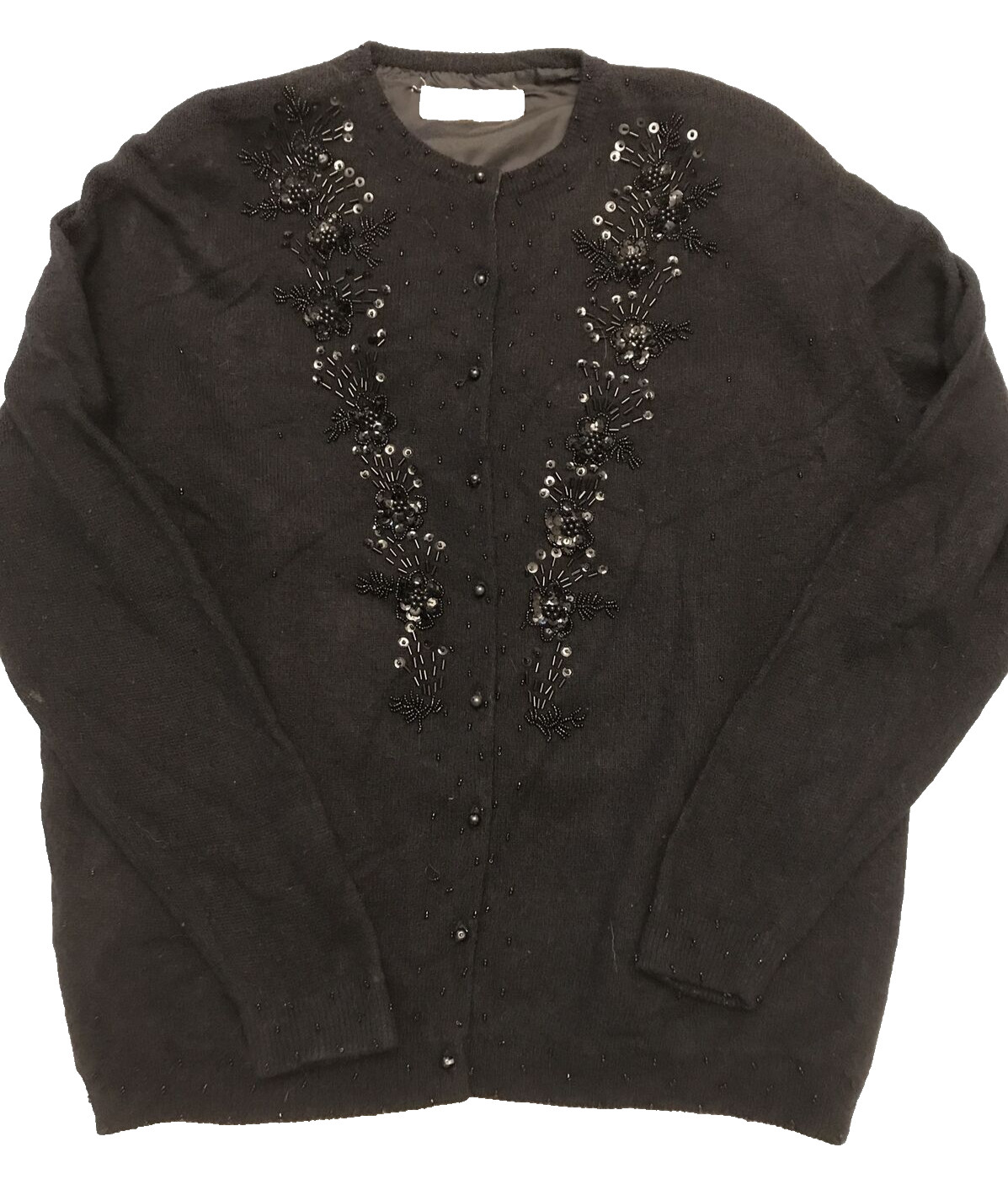 Vintage 90s does 50s Vi Vien Forest cardigan black wool angora beaded M 10-12