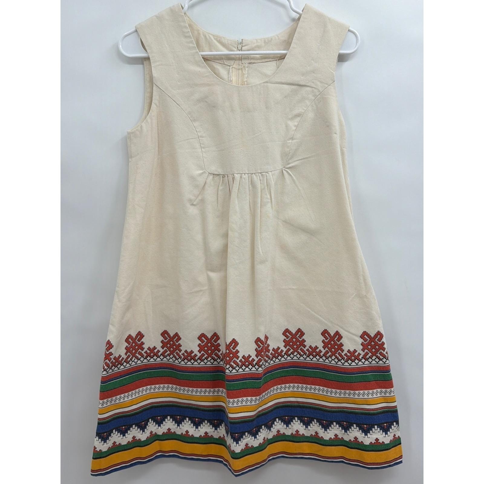 Vintage Handmade Folk Border Print Shift Dress Cream Sleeveless Mini 1960s 70s