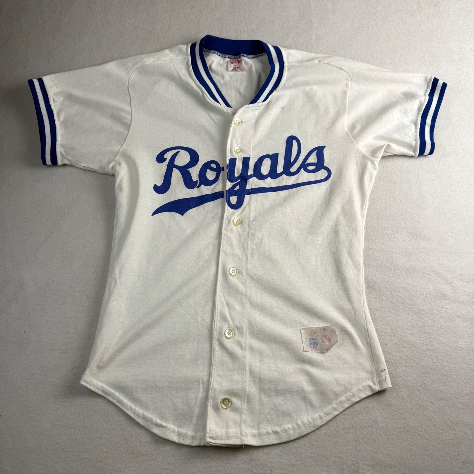Vintage Rawlings Kansas City Royals Baseball Jersey White Blue Made in USA Small