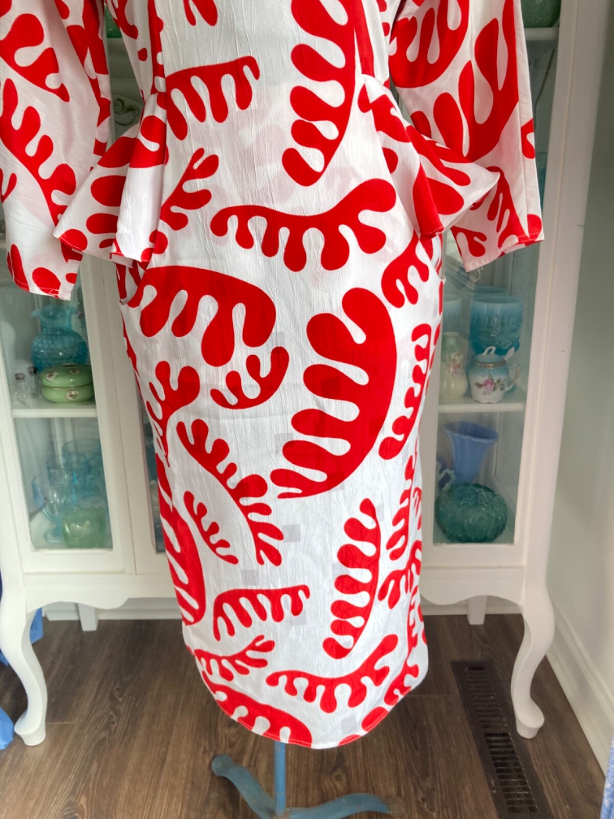 Vtg 80s Billy Jack For Her White & Red Amoeba Midi Dress Wiggle Peplum S 32 Retr