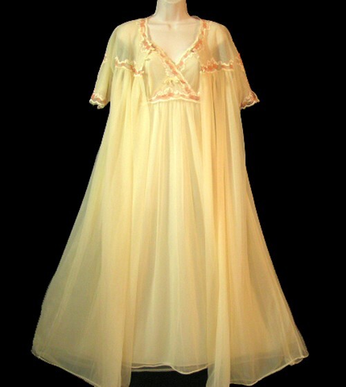 Vintage Lisette Chiffon Yellow Lingerie Dress Nightgown PEIGNOIR Robe SET S