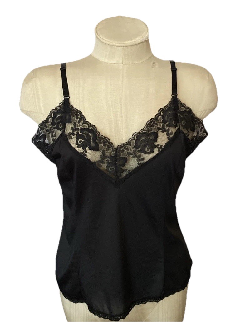 VTG 50/60s WOM L Black Nylon & Lace Adjustable Strap Camisole ILGWU TAG