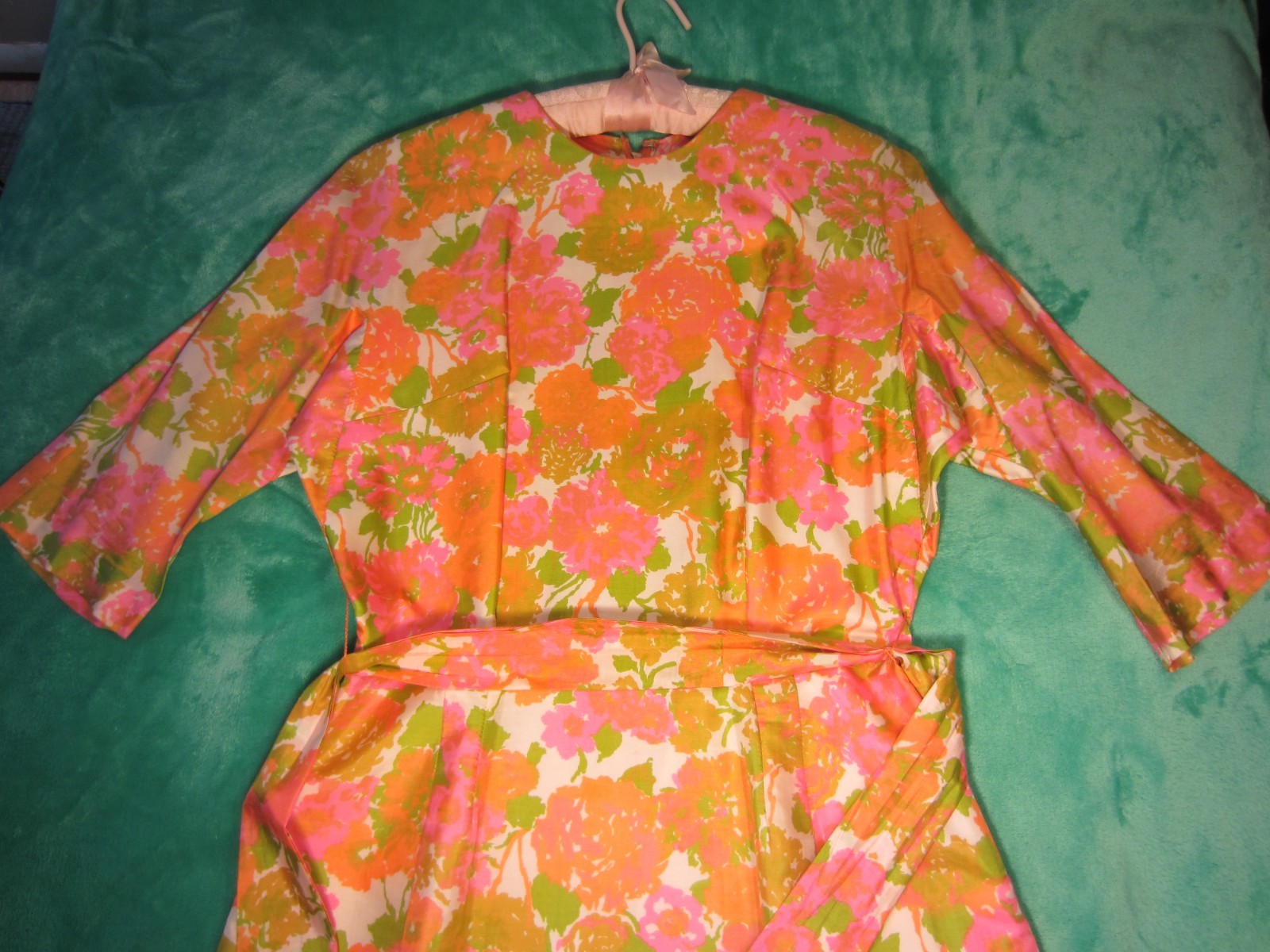 Vintage~Hand Sewn Silk Dress/Belt~60’s Era~Pink/Orange/Olive/Cream~Form Fitting