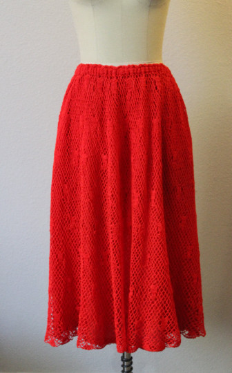 Vintage 1970s Thumbs Up Red Crochet Lace Acrylic Knit Skirt Top Blouse Dress Set