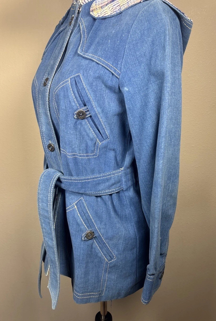 70s Brush Denim Womens Button Front Belted Jacket Blue Kemington Express