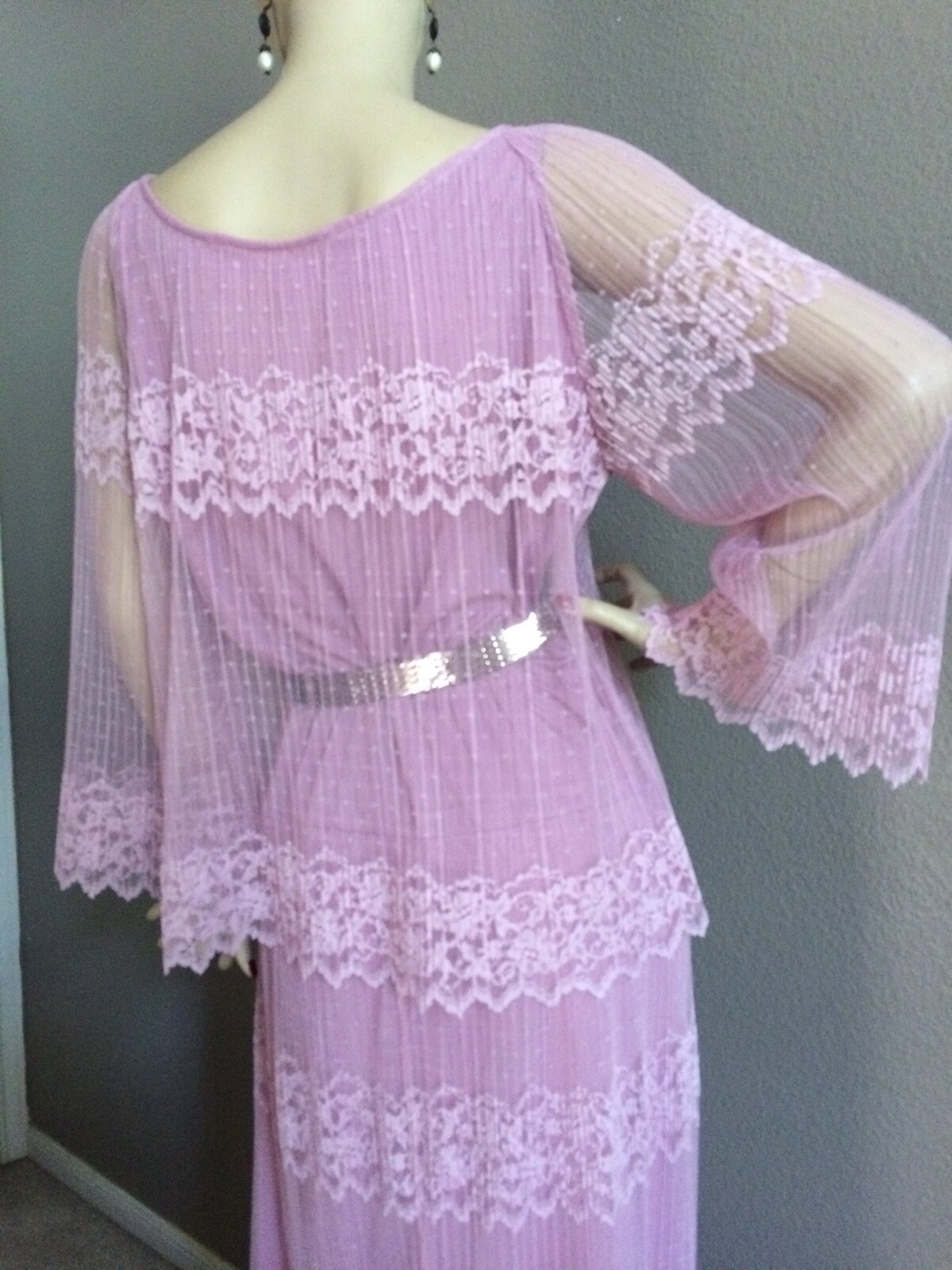 VTG 70s Pink Lavender Sheer Lace Floral Formal Evening Maxi Dress