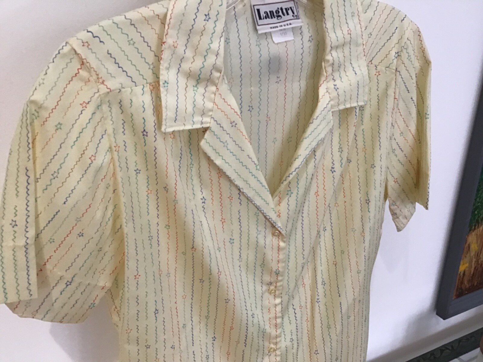 Vintage 70’s LANGTRY Polyester Lemon Chiffon Blouse w/ Stars & ZigZags Size 9/10