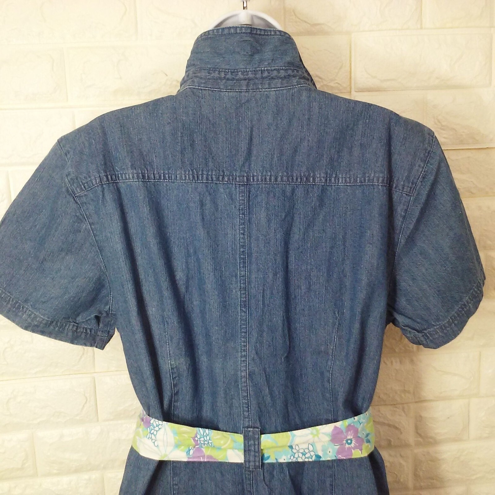 Vintage 90s Erika Denim Button-Front Shirt Dress XL(16) Pockets SSL Floral Belt