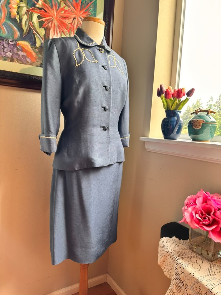 Blue Raw Silk Suit by Country Club Coat c1950 – Tailored Jacket & Skirt – S