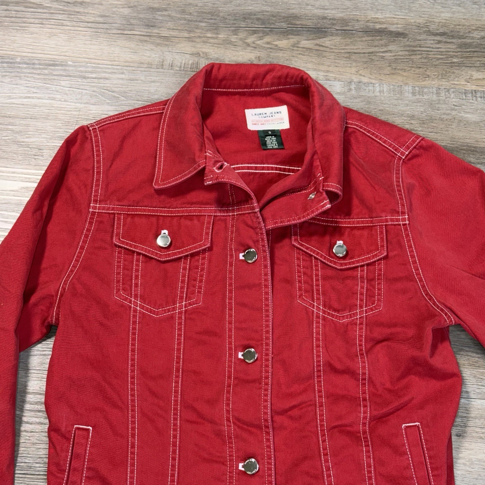 VTG Lauren Ralph Lauren Jeans Company Red Denim Jacket Womens S White Stitching