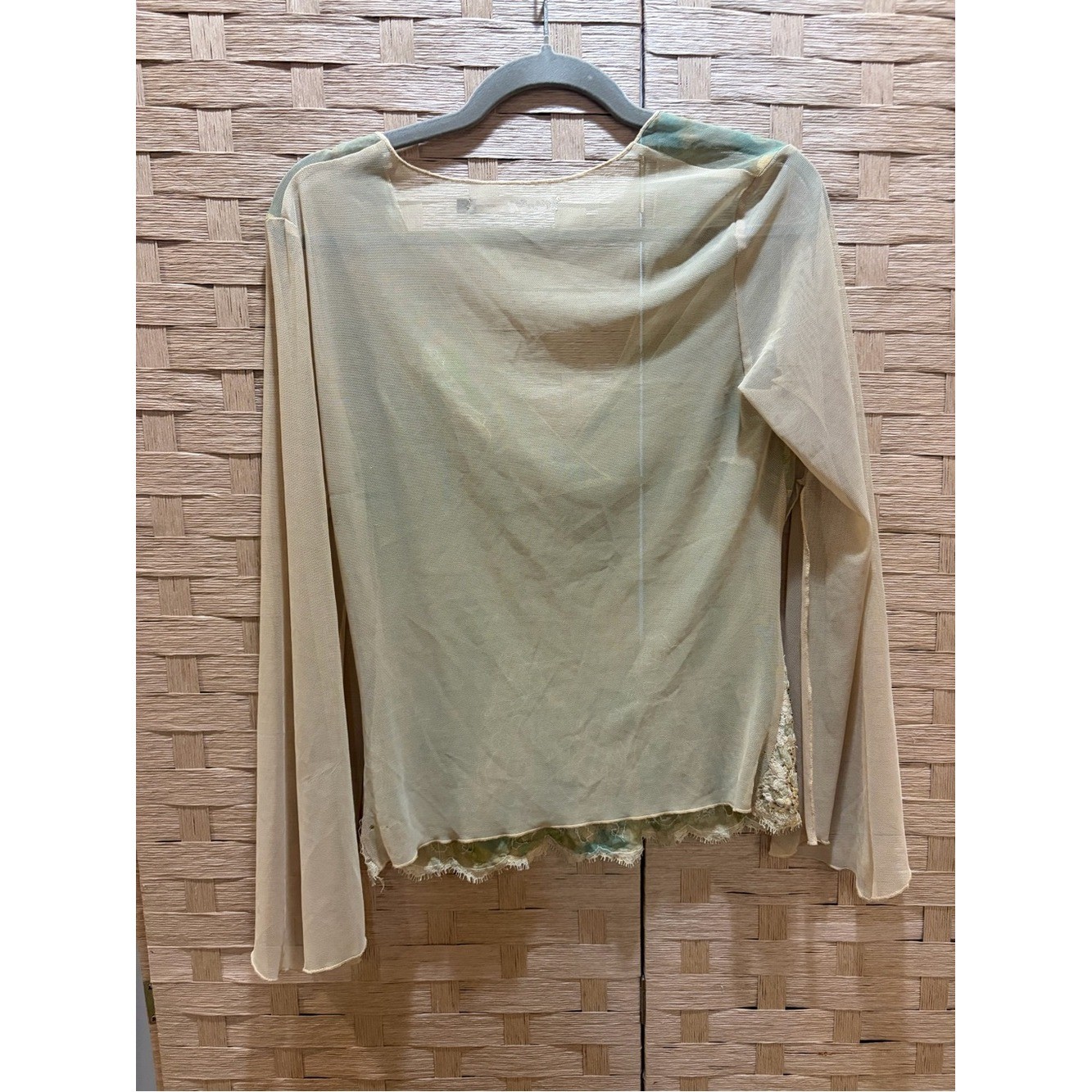 Vintage Y2K Hale Bob Beaded Lace Blouse Sheer Mesh Sage Green Gold Sequin Top L