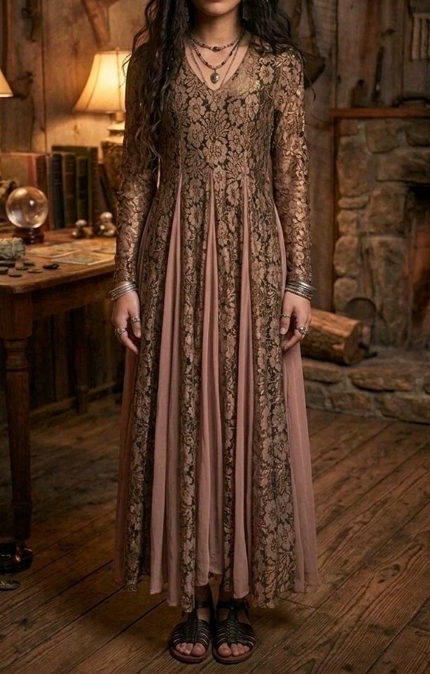 Vintage 90s Whimsygoth Nostalgia Dress Brown Lace Overlay S M L Free Size