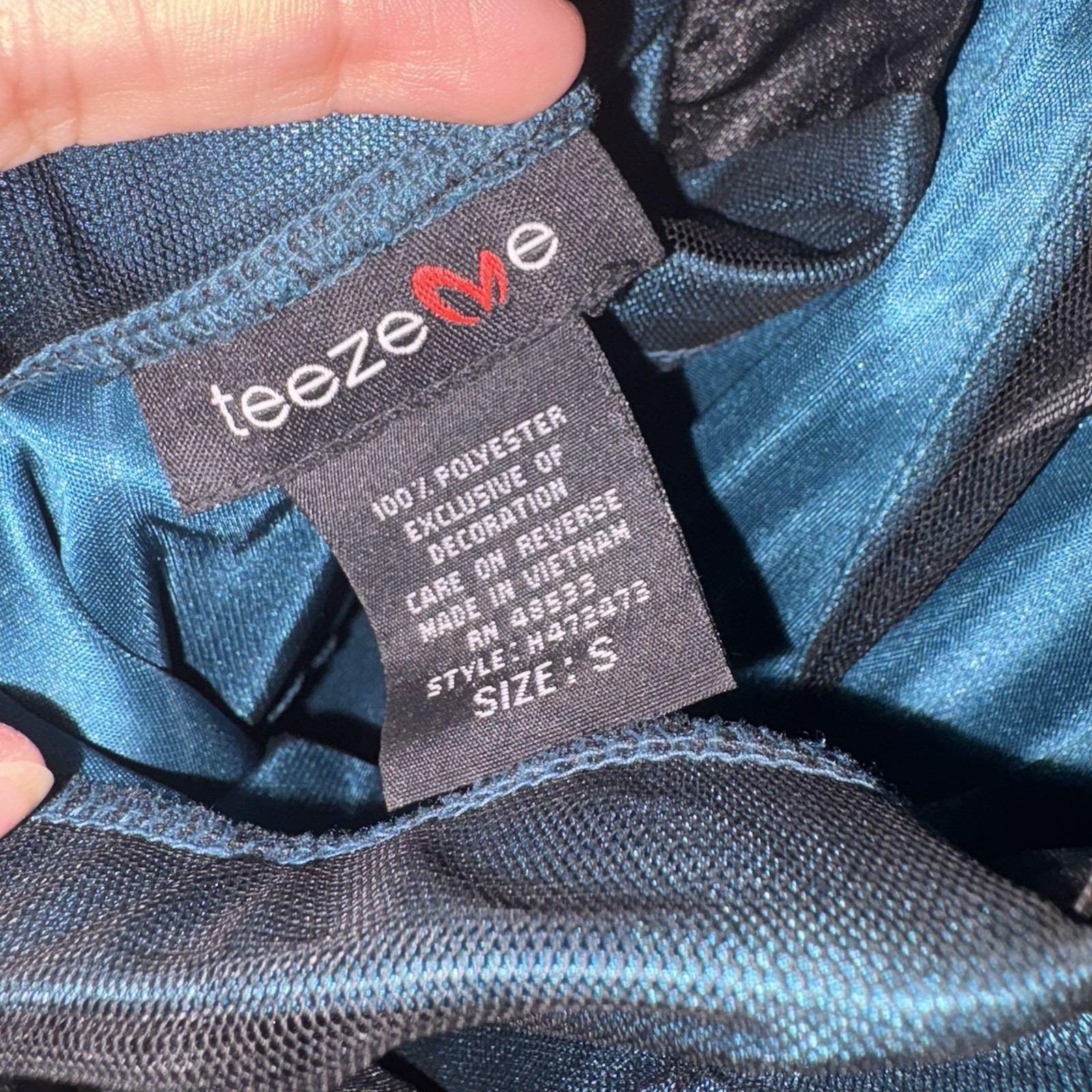 Teeze Me Juniors Halter Party Dress – Teal Blue with Black Overlay, Size Small