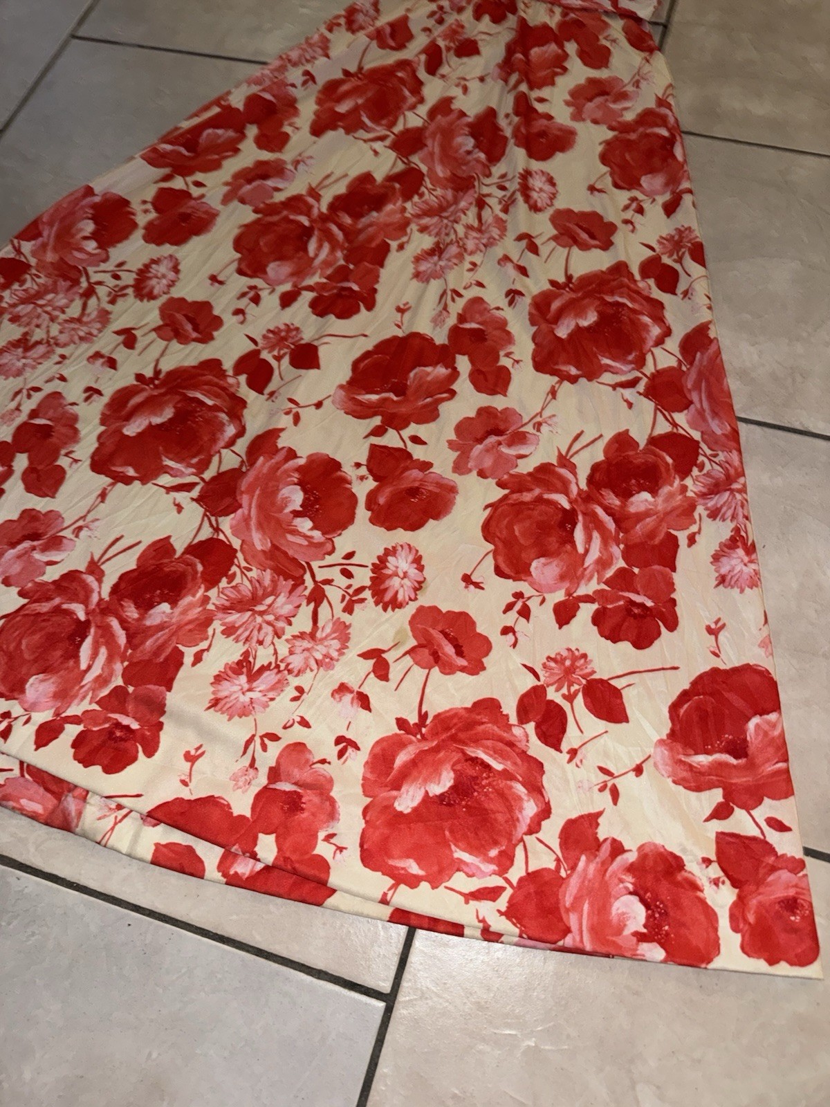 Vintage 70s Red Floral Maxi Dress XS Cowl Neck Long Sleeve Mod Boho Glam Swing