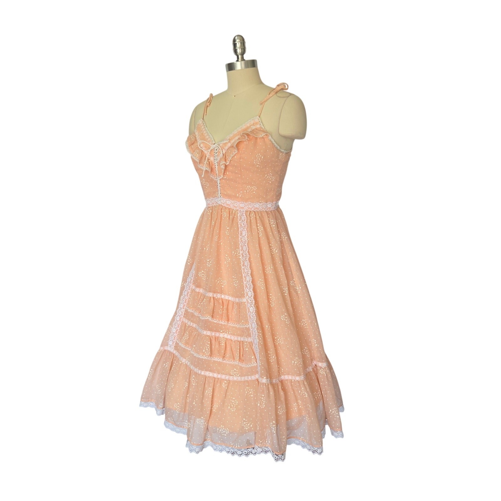 Candi Jones Vintage 70s Prairie Midi Dress Size S 9 Peach Pink Corset Lace Up