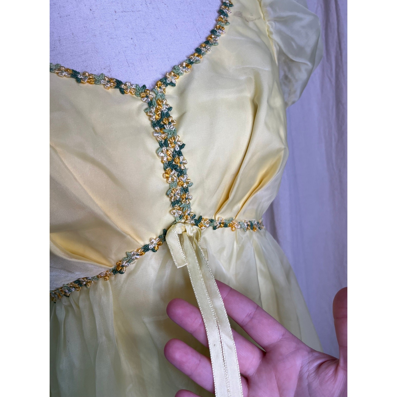 1970s Pastel Butter Yellow Floral Chiffon Coquette Fairy Tea Party Maxi Dress S