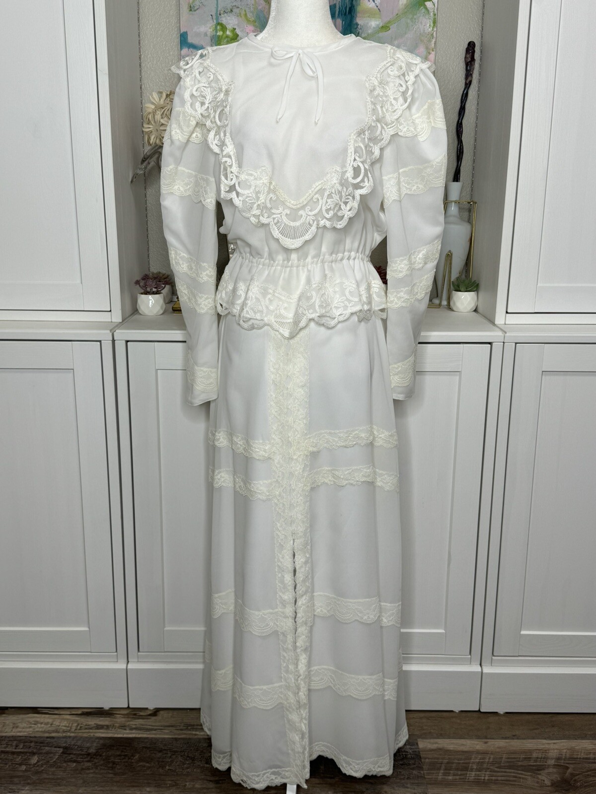 1980s Wedding Special Occasion White 2 Piece Ensemble Blouse Skirt Lace Modest