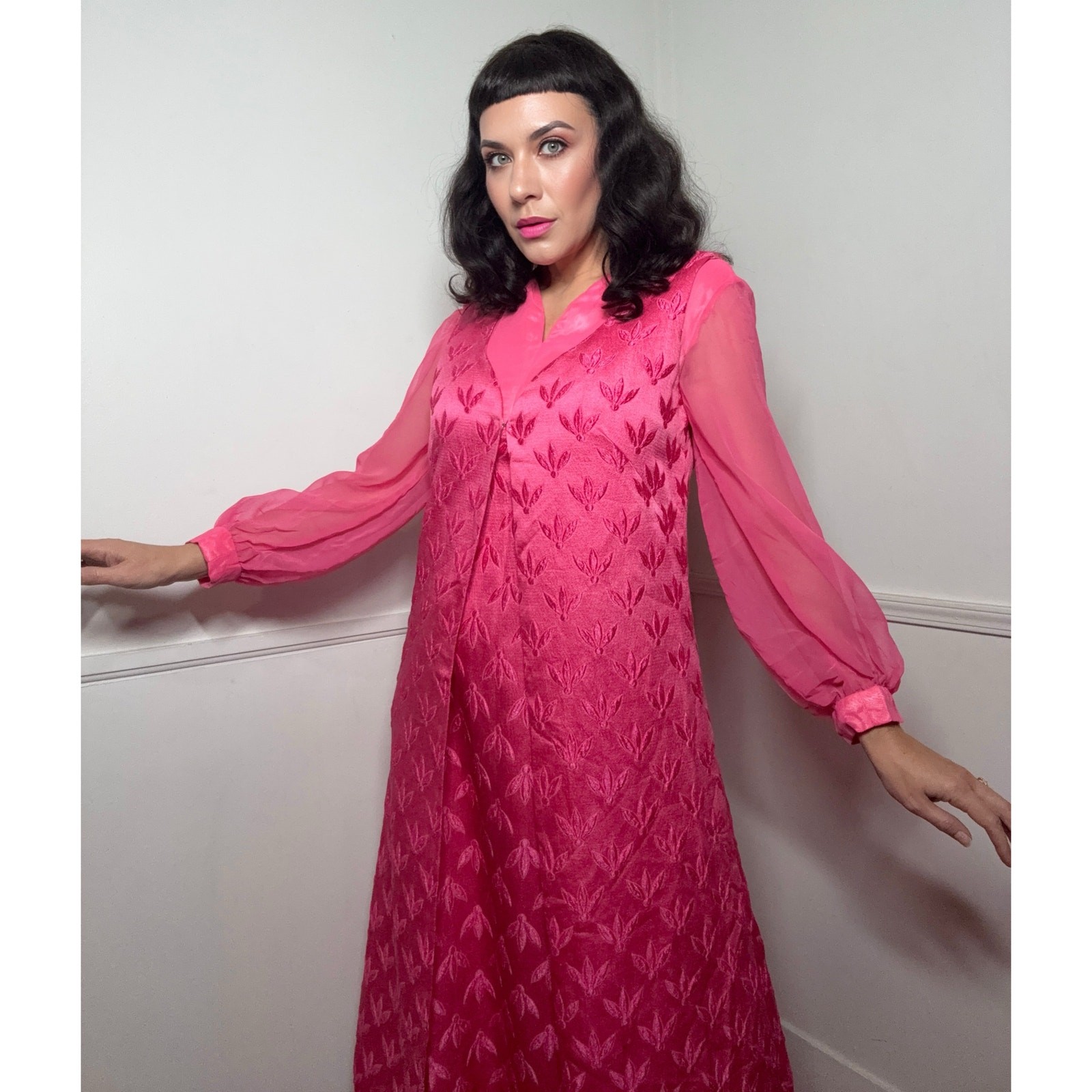 Extra Large 1960s Vintage Pink Brocade Maxi Gown and Vest Ensemble