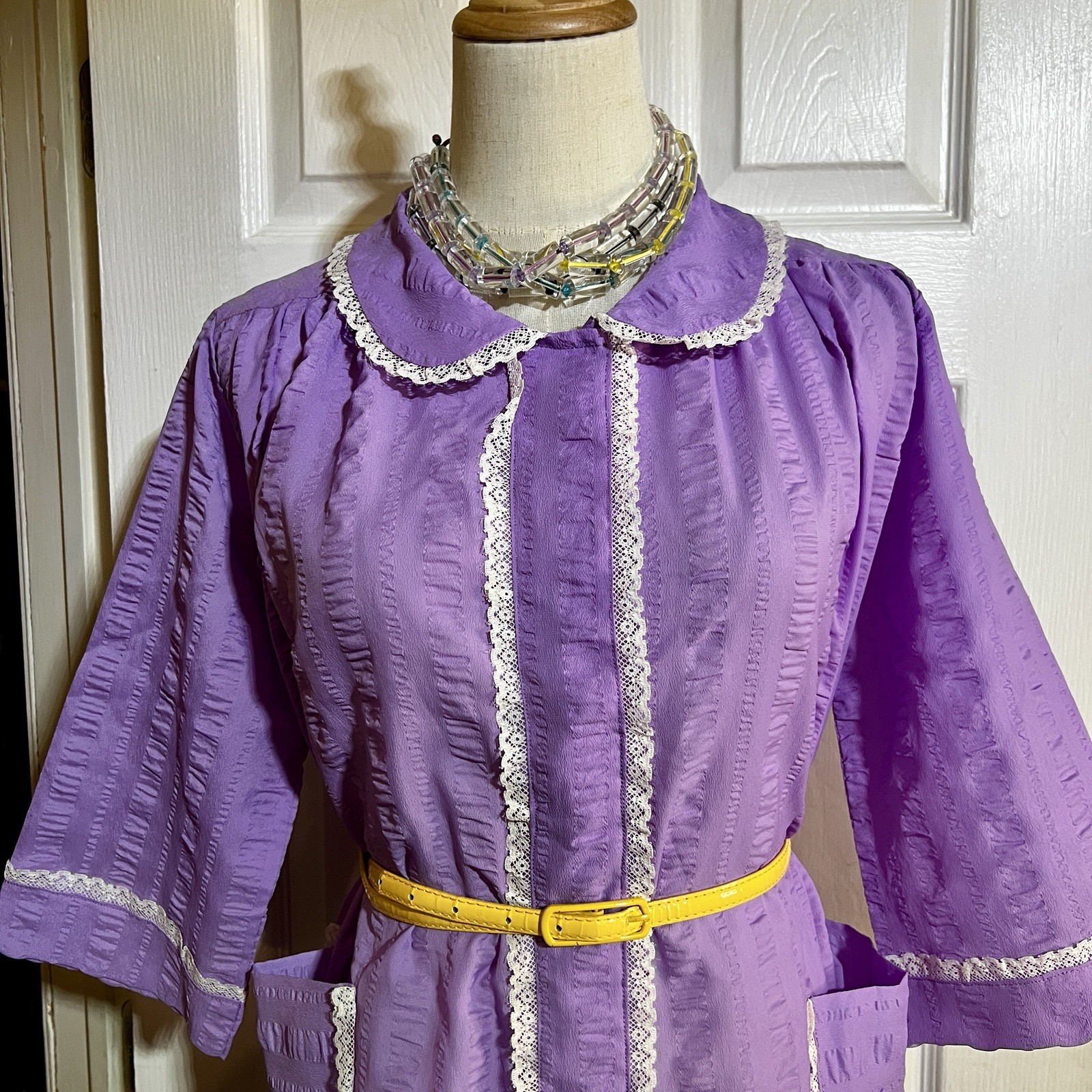 Vintage Wms Lavender Lace Trim Crepe Knit Grannycore Retro Preppy House Dress L