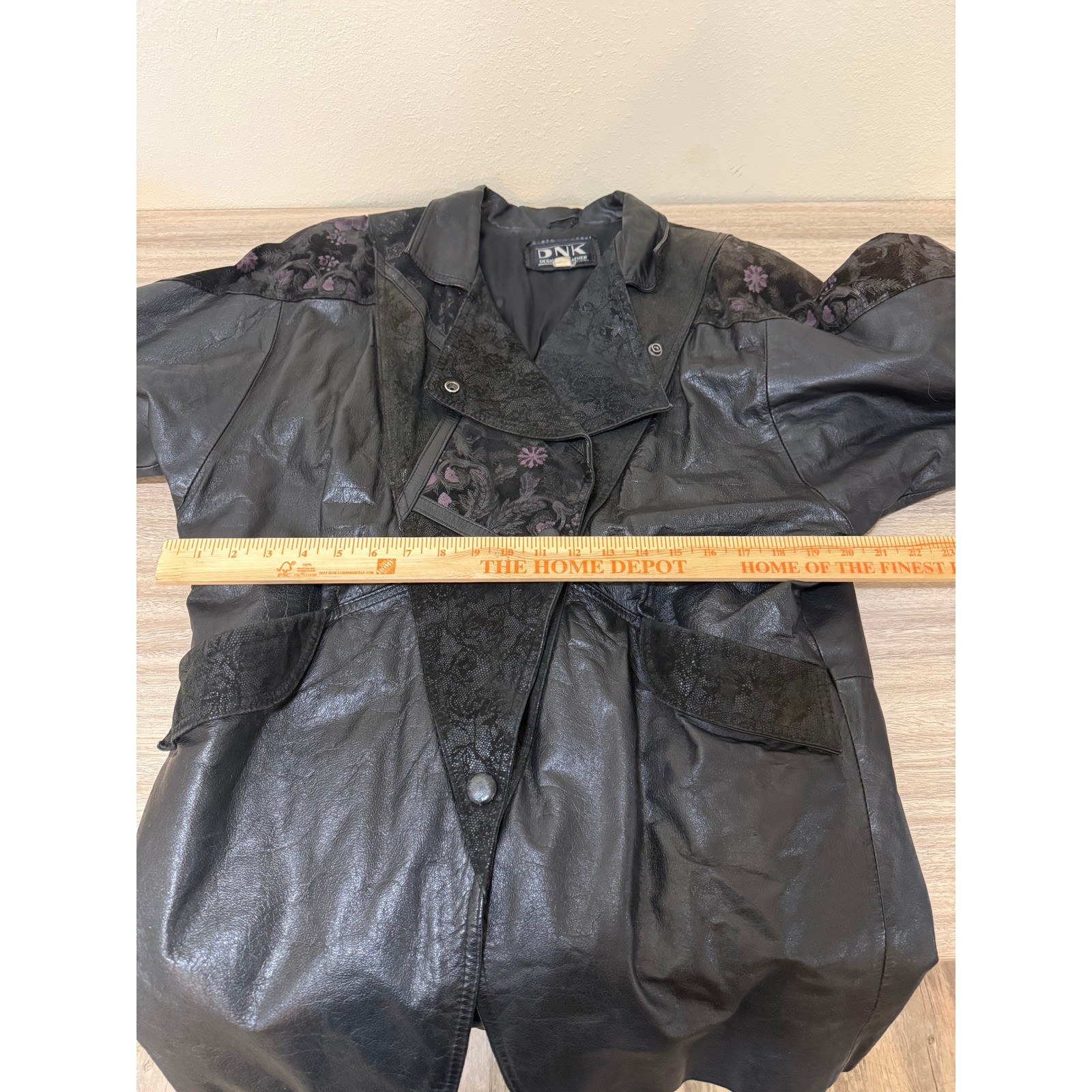 Vintage DNK Design Leather Women Jacket S Black Floral Lace Retro 80s Goth
