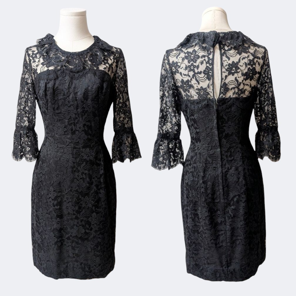 Joseph Magnin Vintage 60’s Black Lace Cocktail Illusion Dress Bell Cuffs LBD S