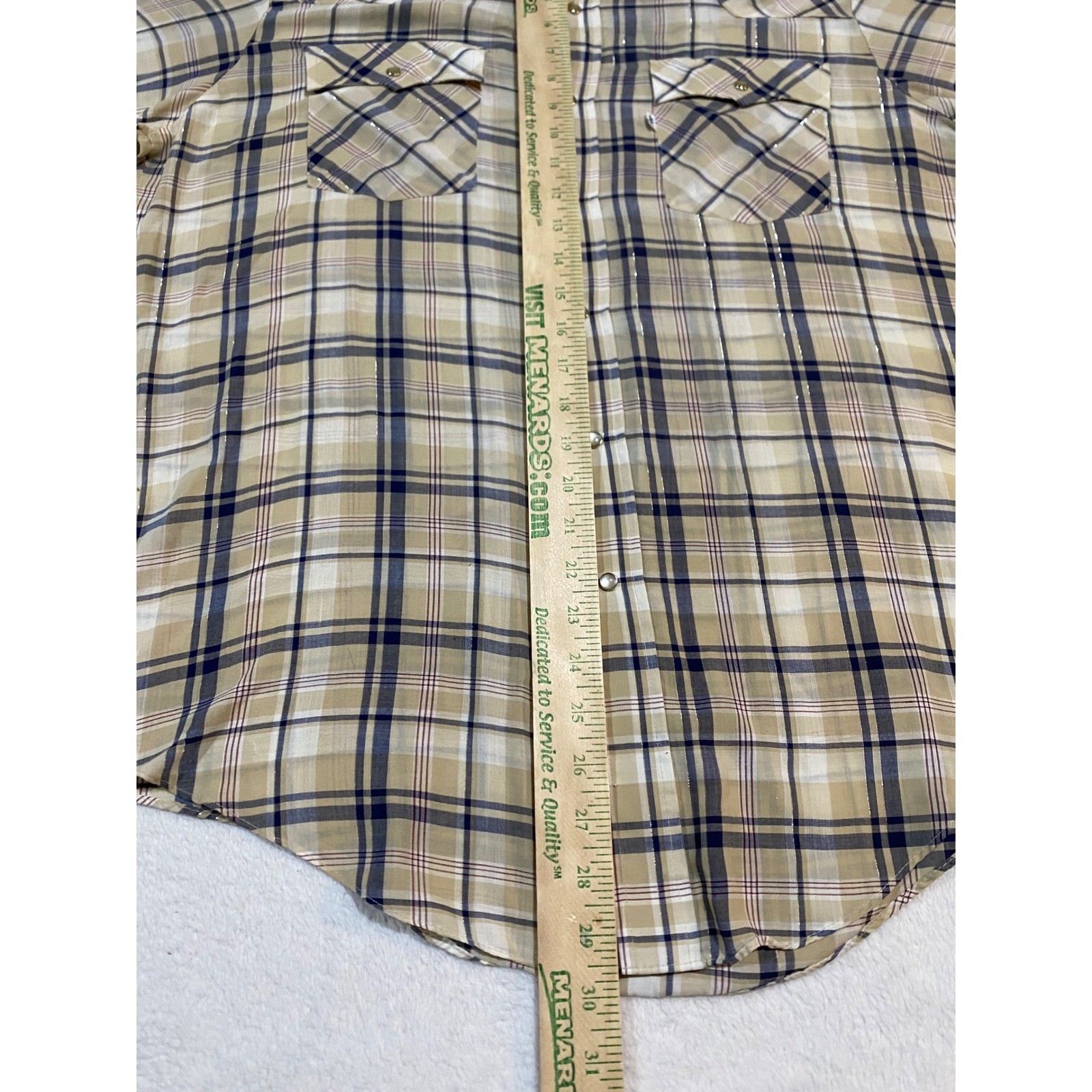 Vintage Levis Western Shirt Pearl Snap Plaid Gold Lurex Tan Navy Large Short Slv
