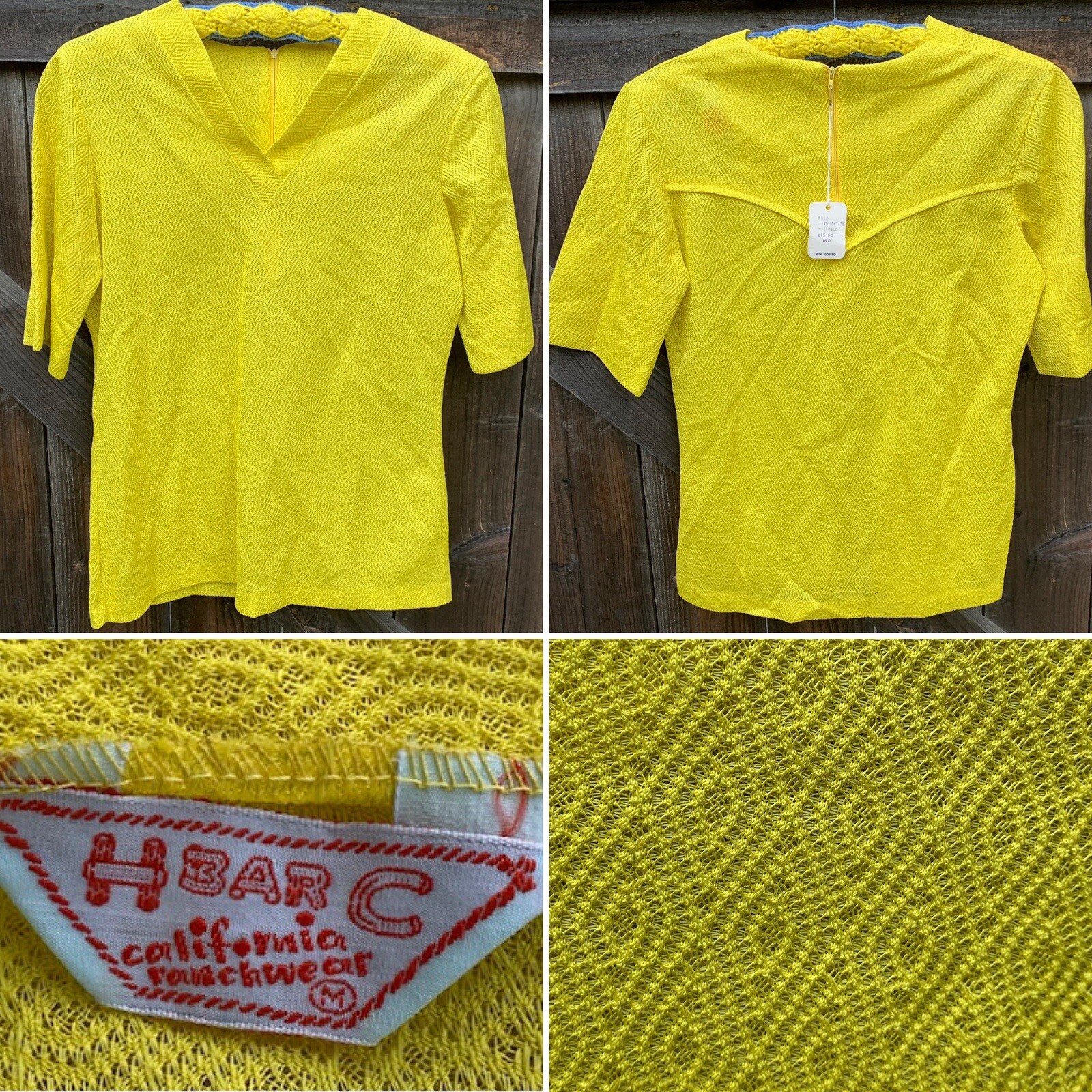 Vintage H Bar C California Ranchwear Top Diamond Pattern Knit Yellow 60s 70s M