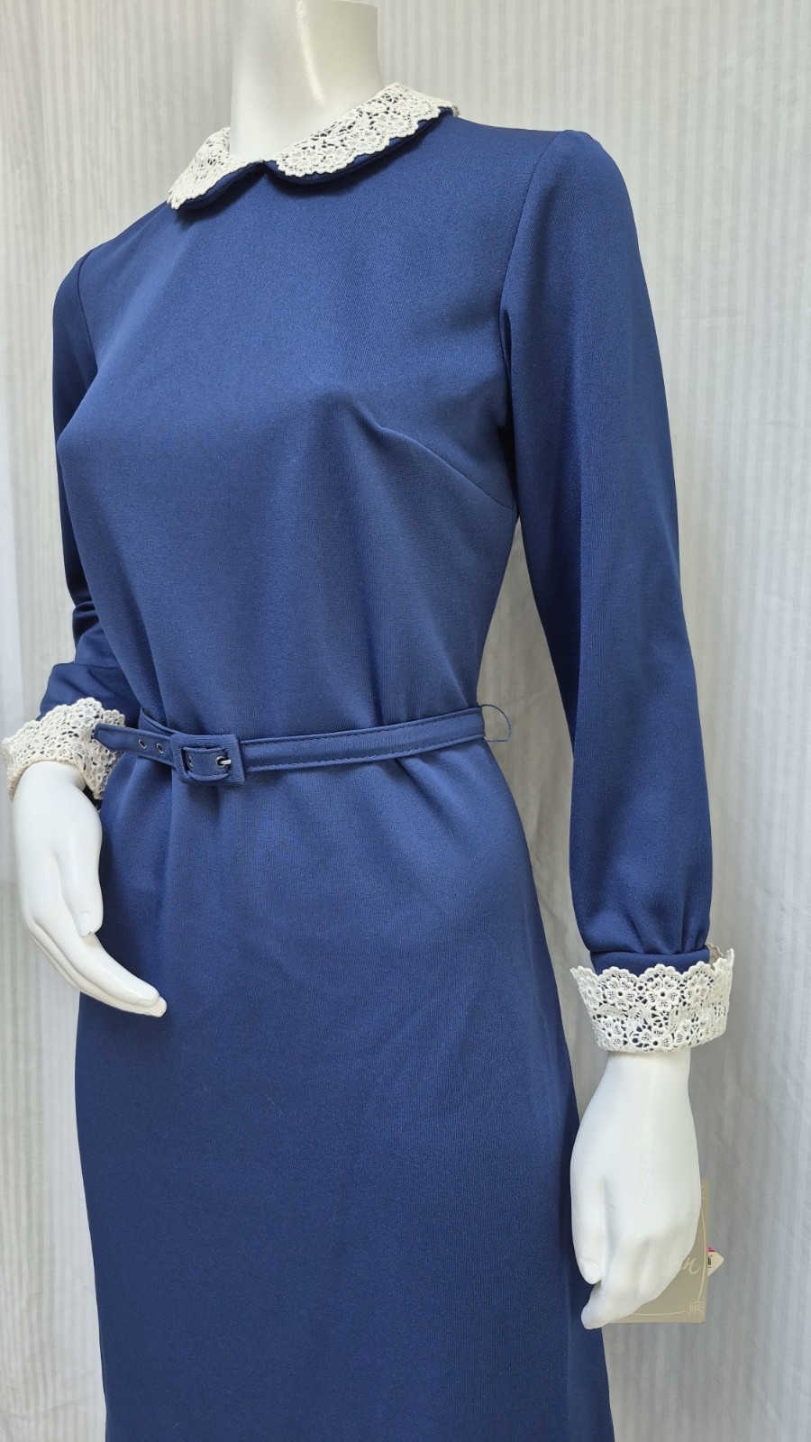 NWT Vintage 1960s MARCY LYNN Blue Knit Peter Pan Collar Dress + Belt – Size M