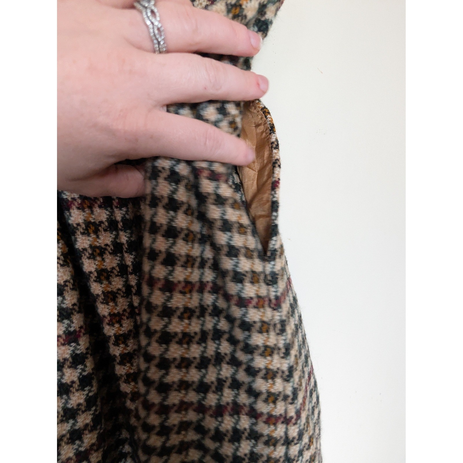 AUSTIN HILL Vintage 100% Wool Tweed Houndstooth Midi Skirt Pockets 10 Academia