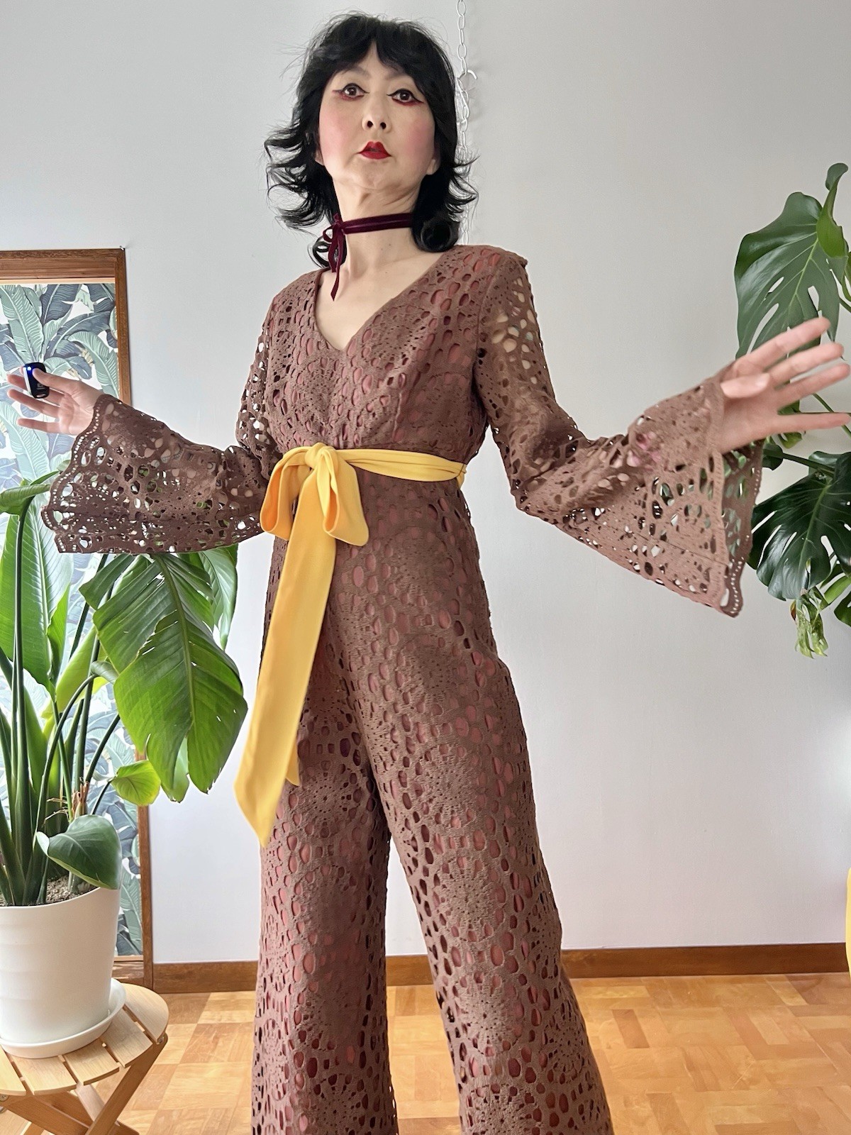 60s 70s Joy Stevens California Crochet Lace Bell Sleeve Flared Wide Leg Jumpsuit
