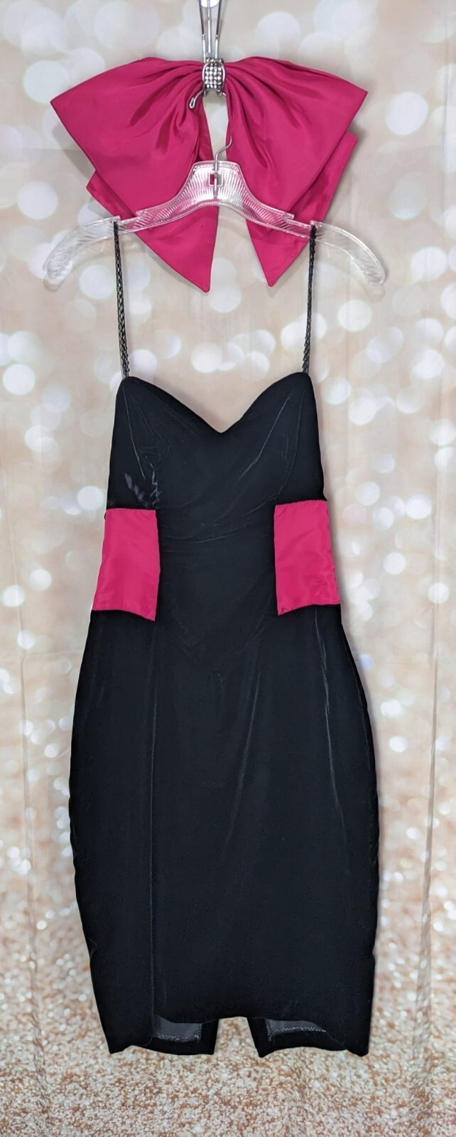 Climax David Howard Vintage Black Velvet W Hot Pink Banded Waist Bow Dress 5/6