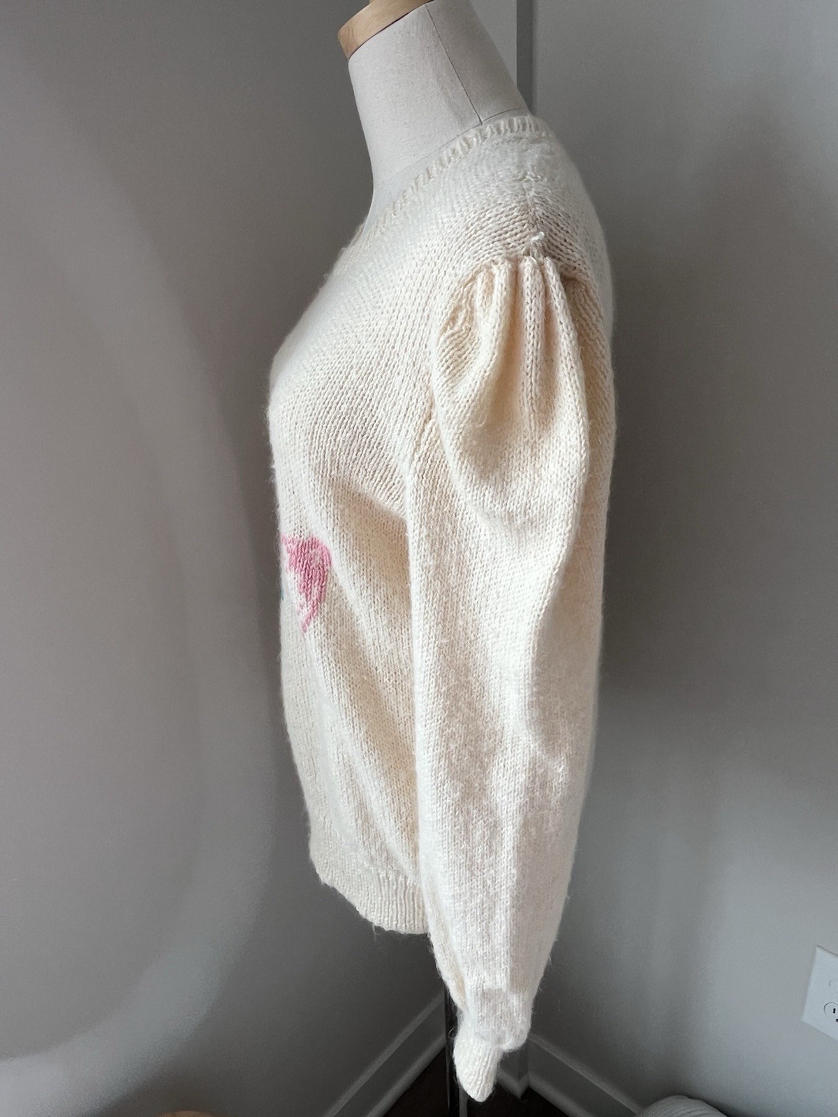 Vtg 80s Mohair Blend Knit Cat Sweater Cream Pink Teal Puffy Sleeve Kawaii Sz L