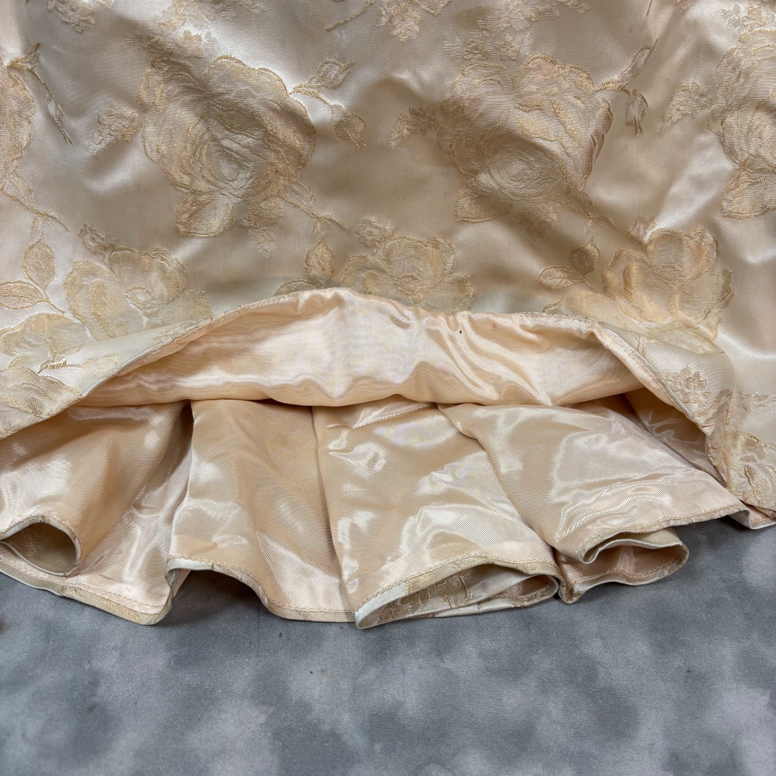 1950s Vtg Satin Brocade Formal Gown XS Champagne Rosette Waist Hand Made