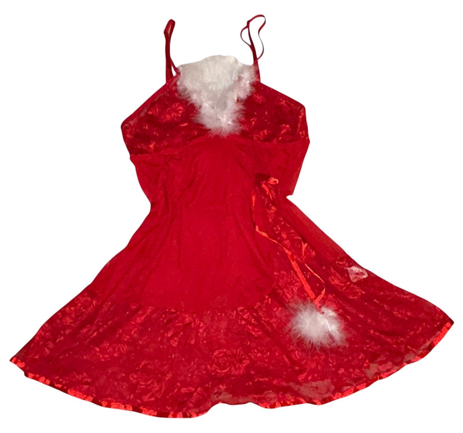 AVIDLOVE Red Silky Sheer Lace Shiny Satin White Fur Trim Nightie Nightgown 2XL