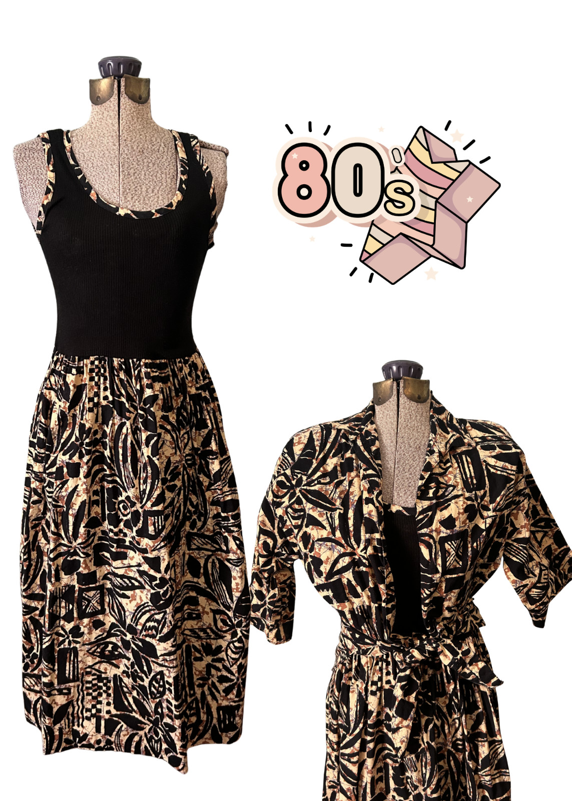 Vintage 1980s does 50s SUNDRESS and Camp Shirt Set Tropical Tiki Batik S Union