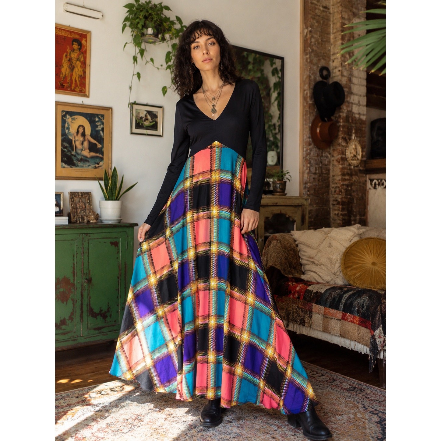 Vintage 1970s Julie Miller California Psychedelic Plaid Maxi Dress Long Sleeve