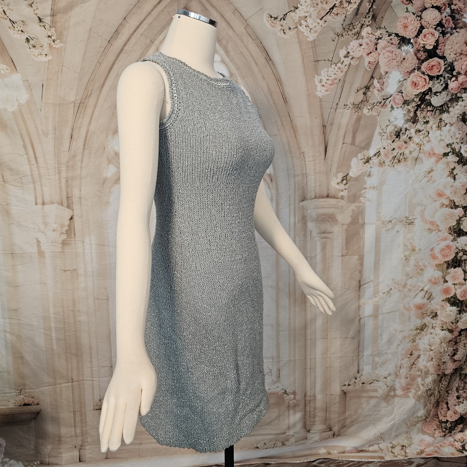 Vintage 1960’s Dress Minidress Silver Gray Metallic Knit Sleeveless Retro Disco