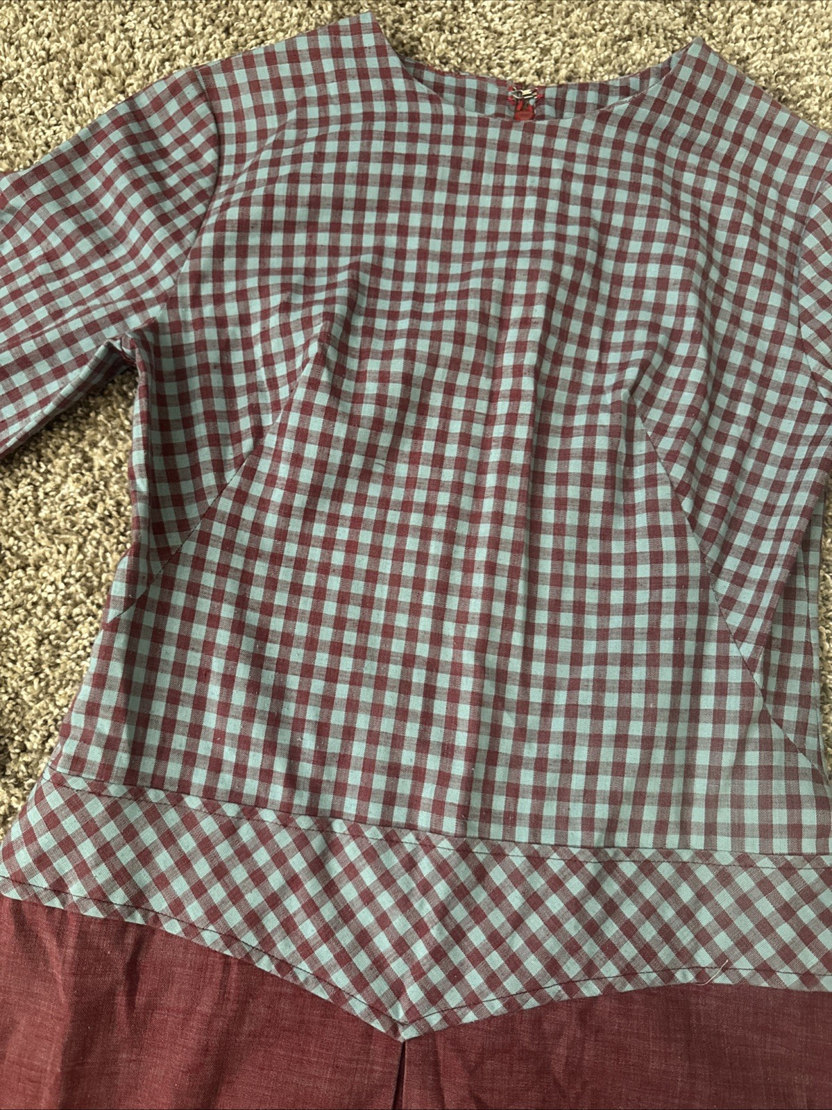 Vintage 1960s Drop Waist Gingham Purple Burgundy Blue Long Sleeve Pleated Dress