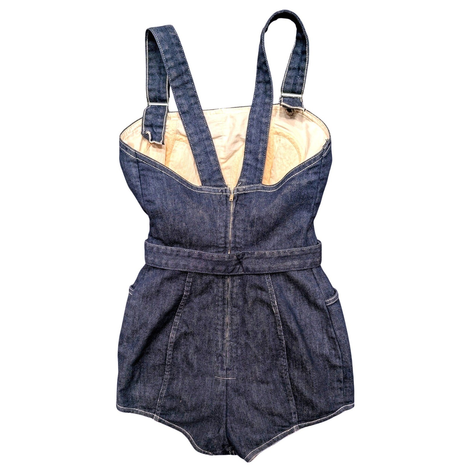 Vintage 50s Dark Wash Denim Pinup Romper Overall Bodysuit Playsuit Rockabilly XS