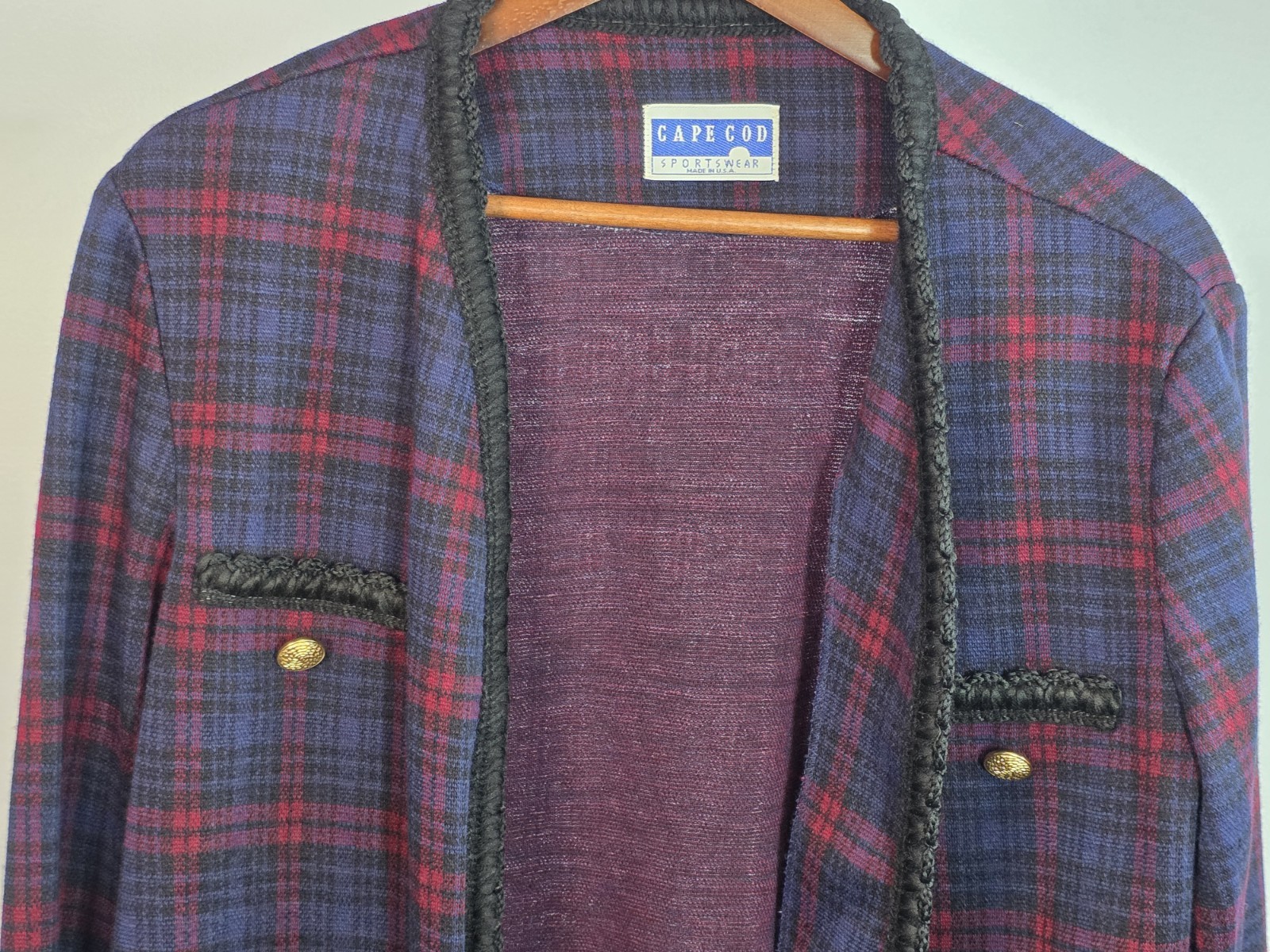 VTG 70s Cape Cod Red/Blue Plaid Blazer Gold ACCENTS Large