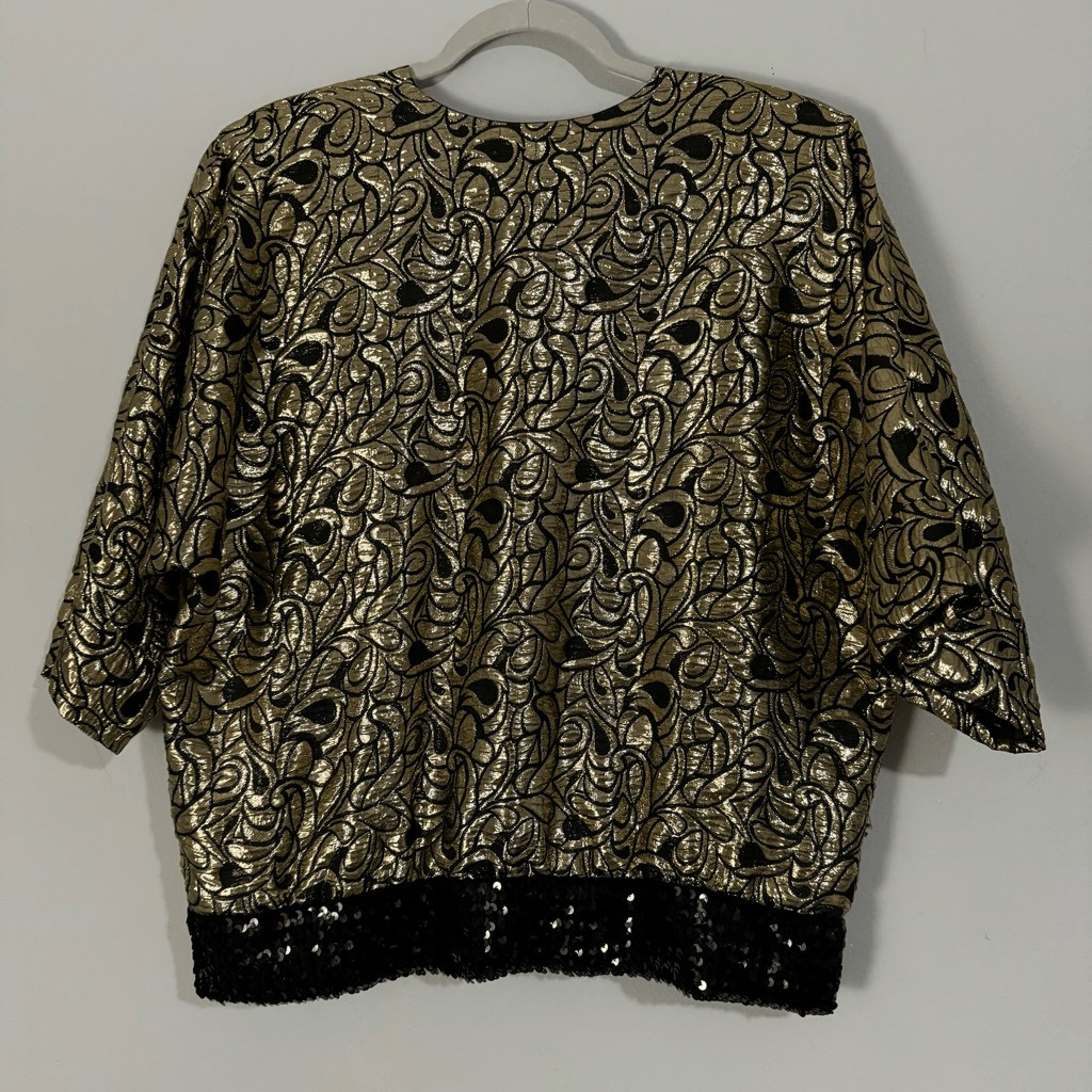 Siasia Vintage 80s Gold Metallic Black Sequin Rayon Made in USA Glam Top M