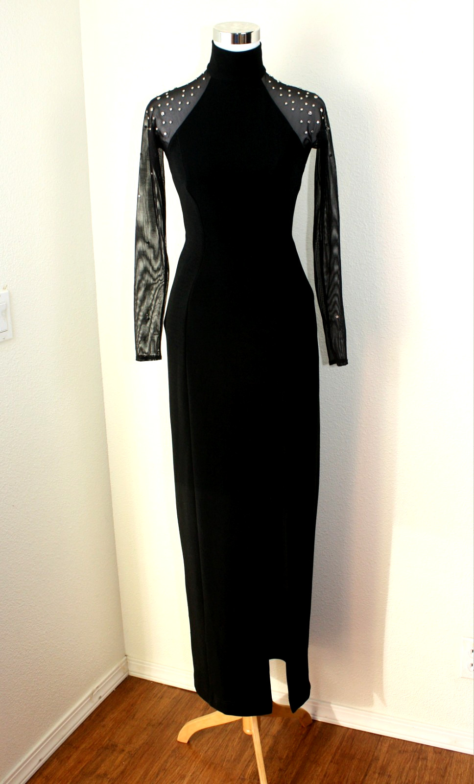 Goth VTG Y2K TADASHI For CACHE Maxi Dress S Black Knit Mesh Rhinestones Fairy *