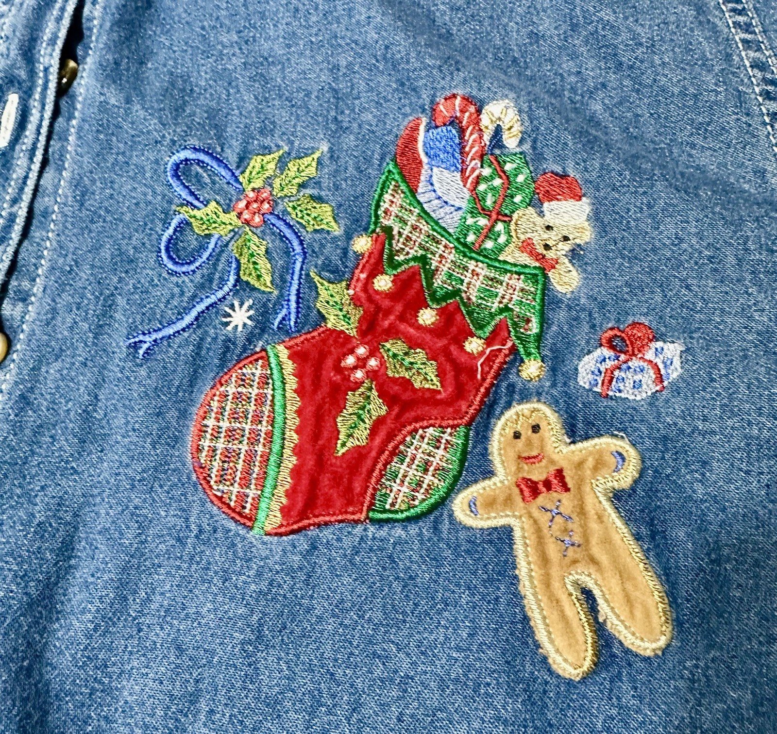 Bobbie Brooks Denim Shirt Christmas Appliqué Snowman Holly Vtg 16/18W Button Y2K
